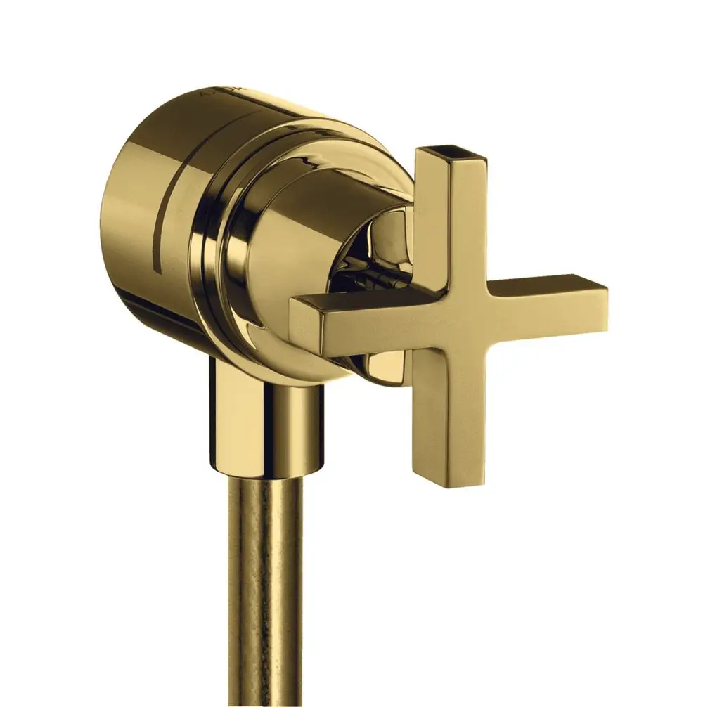 Wandanschluss mit Kreuzgriff in hochglänzendem Gold, ausgestattet mit einem Rückflussverhinderer und Absperrventil, hergestellt von AXOR.